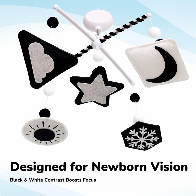 Vlokup Montessori Mobile, Black and White Baby Crib Mobile, Neutral Nursery Mobile Decoration for Pack N Play, for Baby Boy & Girl, Sun, Moon, Star, Snow, Cloud with Arm & Music Box - Image 3